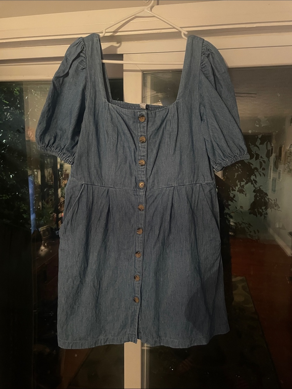 Old Navy Blue Denim Button-Front Midi Dress with Puff Sleeves